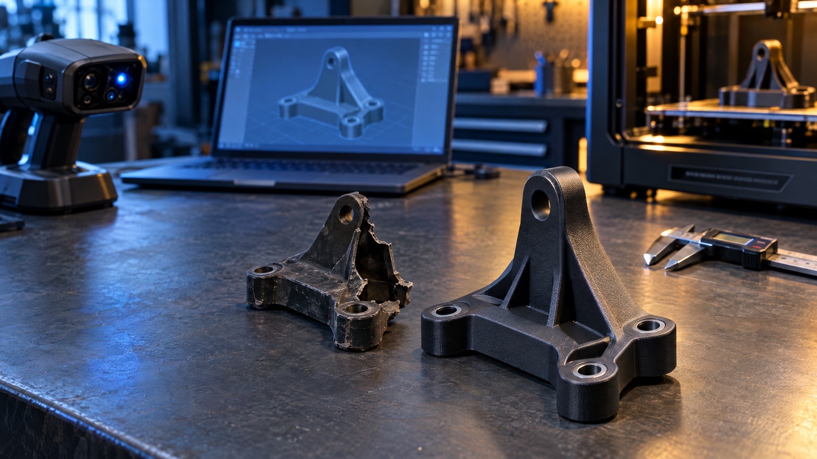 Newly printed automotive replacement part beside a broken original on a technical workbench