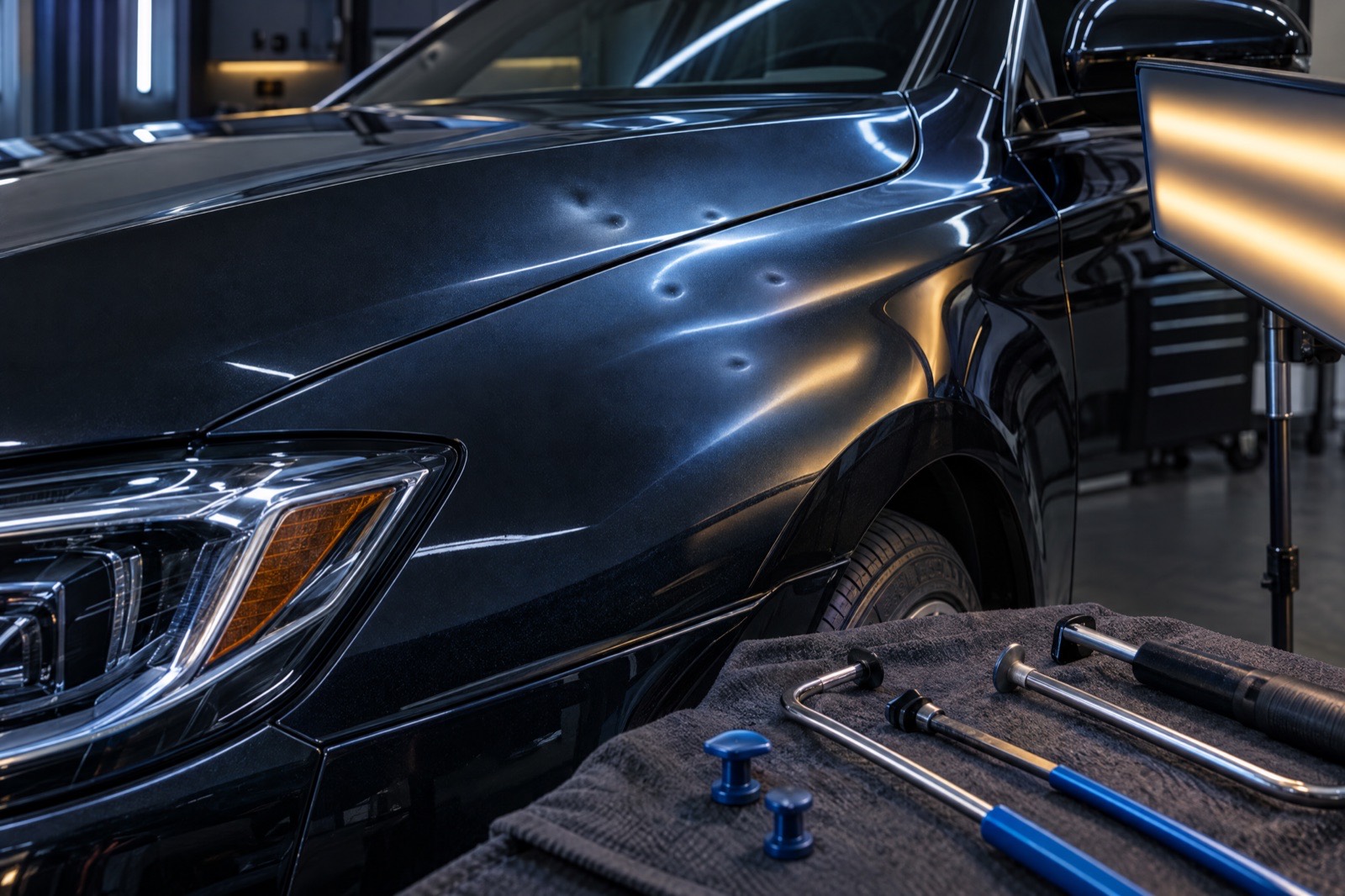 Subtle hail dents visible on a vehicle panel under reflection lighting