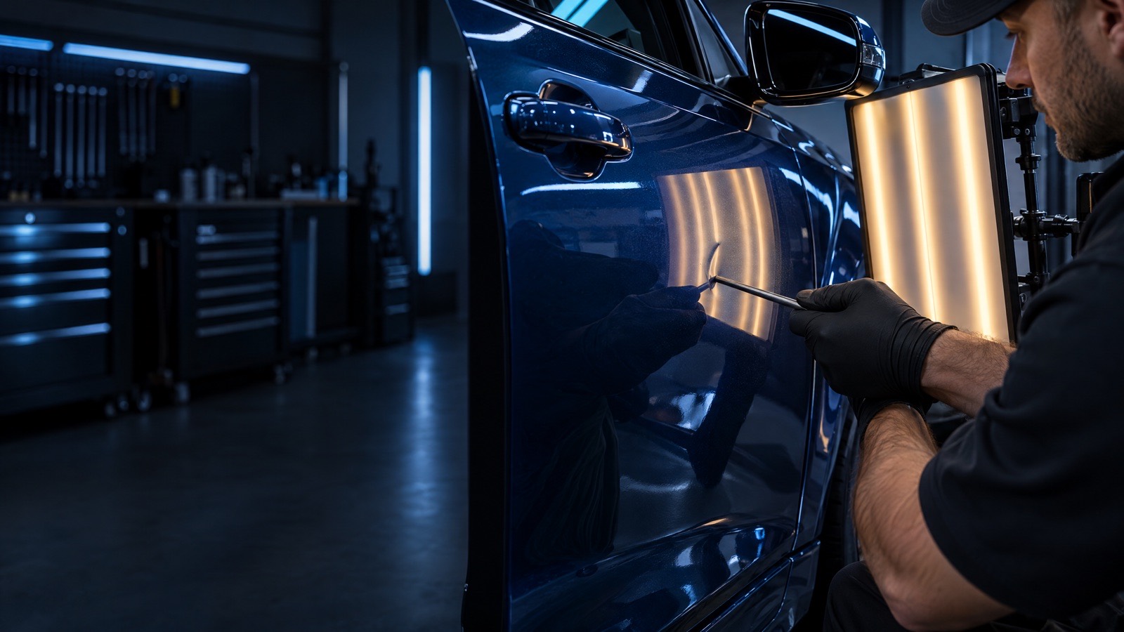 PDR technician using a reflection board on a blue car door