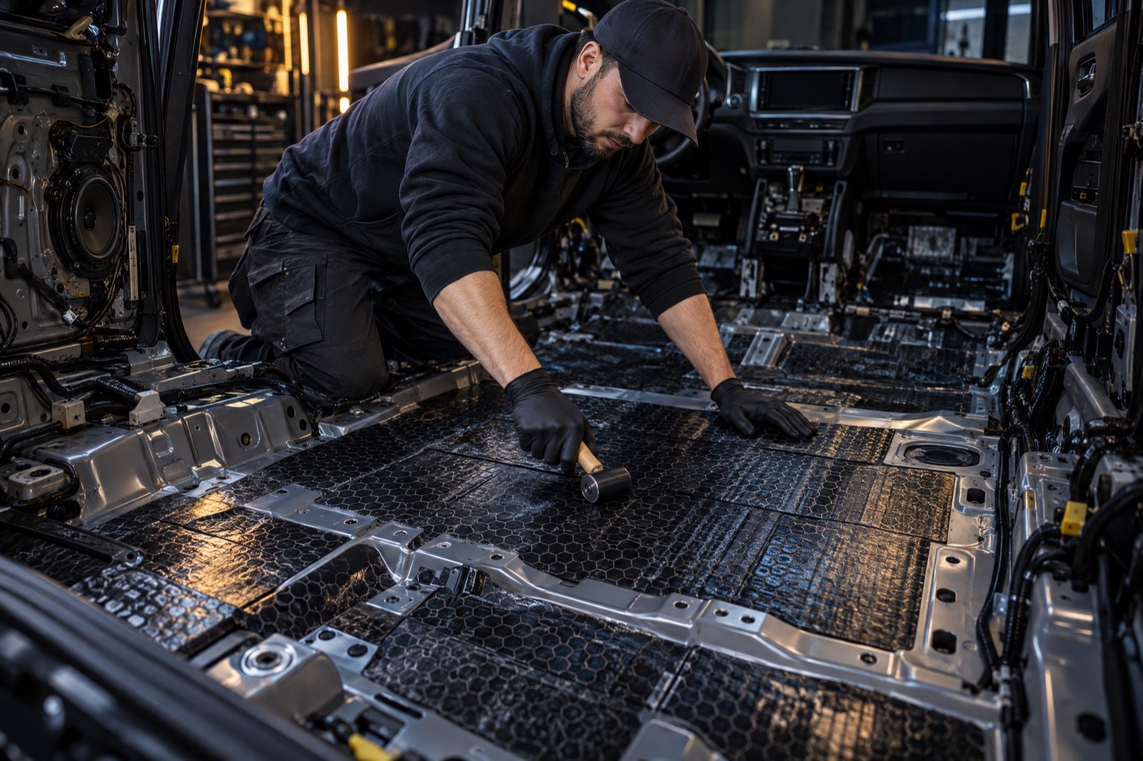 Sound-deadening material being installed in a vehicle interior